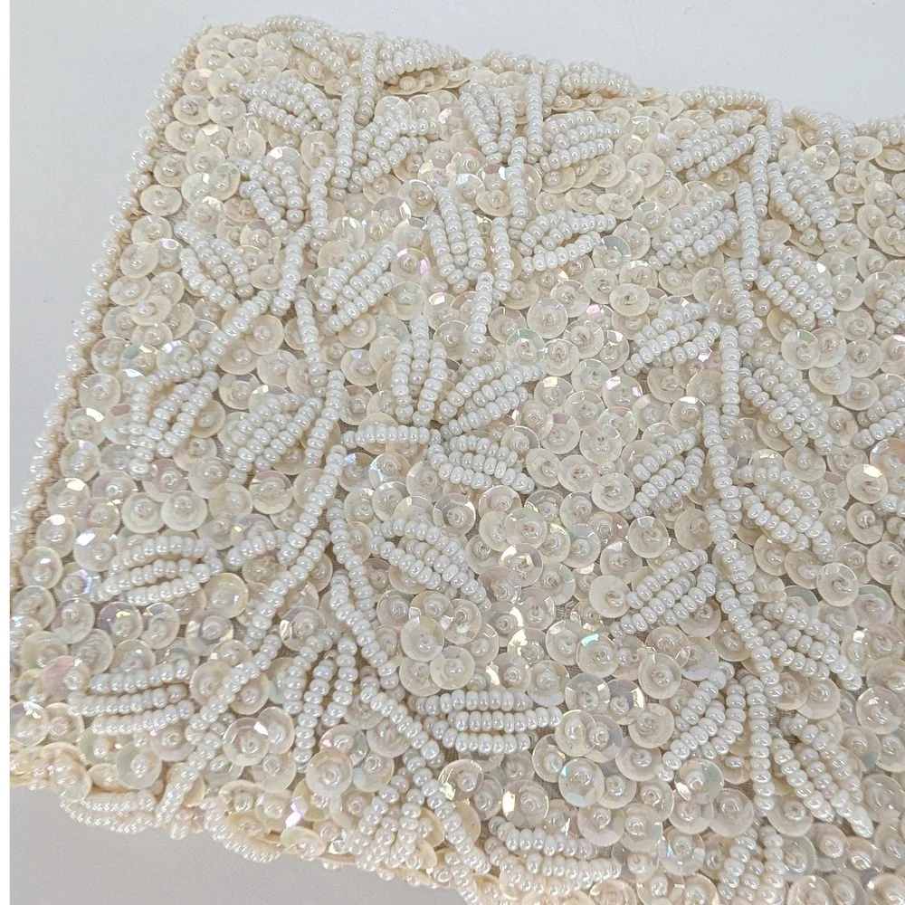 VTG Clutch Bag OS Cream Beaded Sequin Floral Leaf Evening Cocktail Bridal Retro